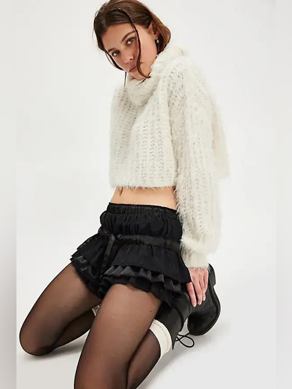 New Free People FP Camille Ruffle Black Lace Bloomer Shorts sz XL